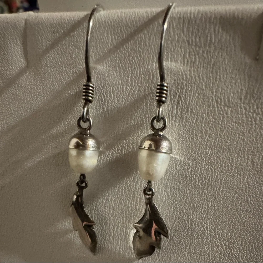 Nature Inspired Acorn Pearl Leaf Silver Drop Earrings